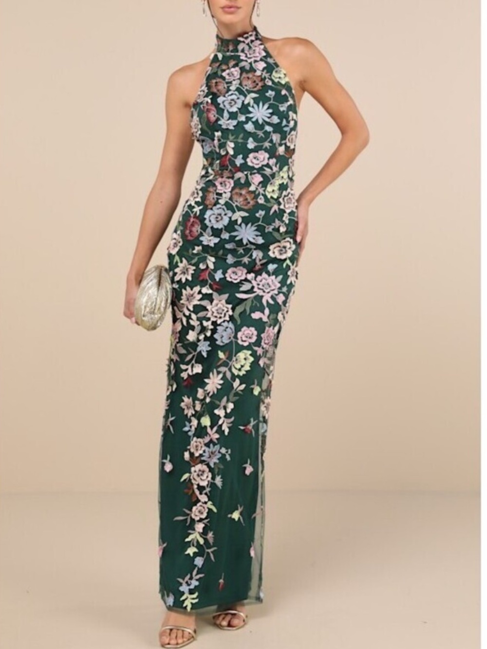 Lulus Infinite Praise Emerald 3D Floral Embroidered Halter Maxi Dress